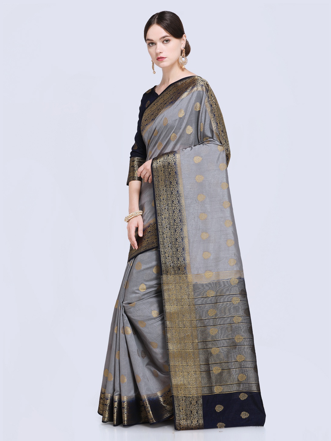 

Saree mall Grey & Black Silk Blend Woven Design Kanjeevaram Saree