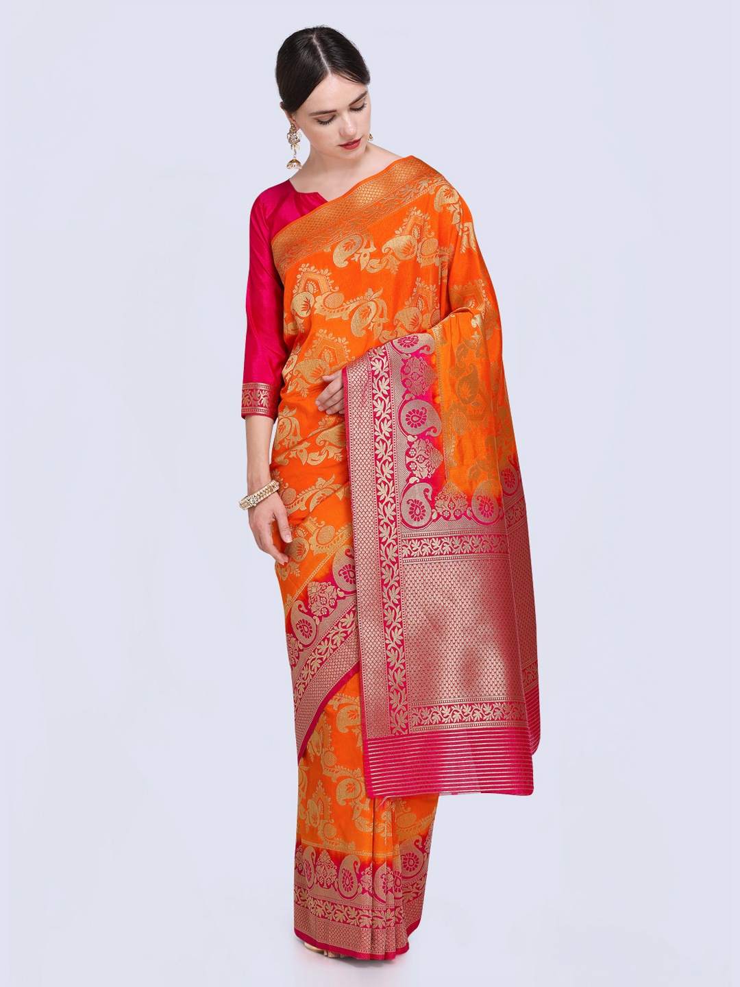 

Saree mall Orange & Pink Silk Blend Woven Design Kanjeevaram Saree