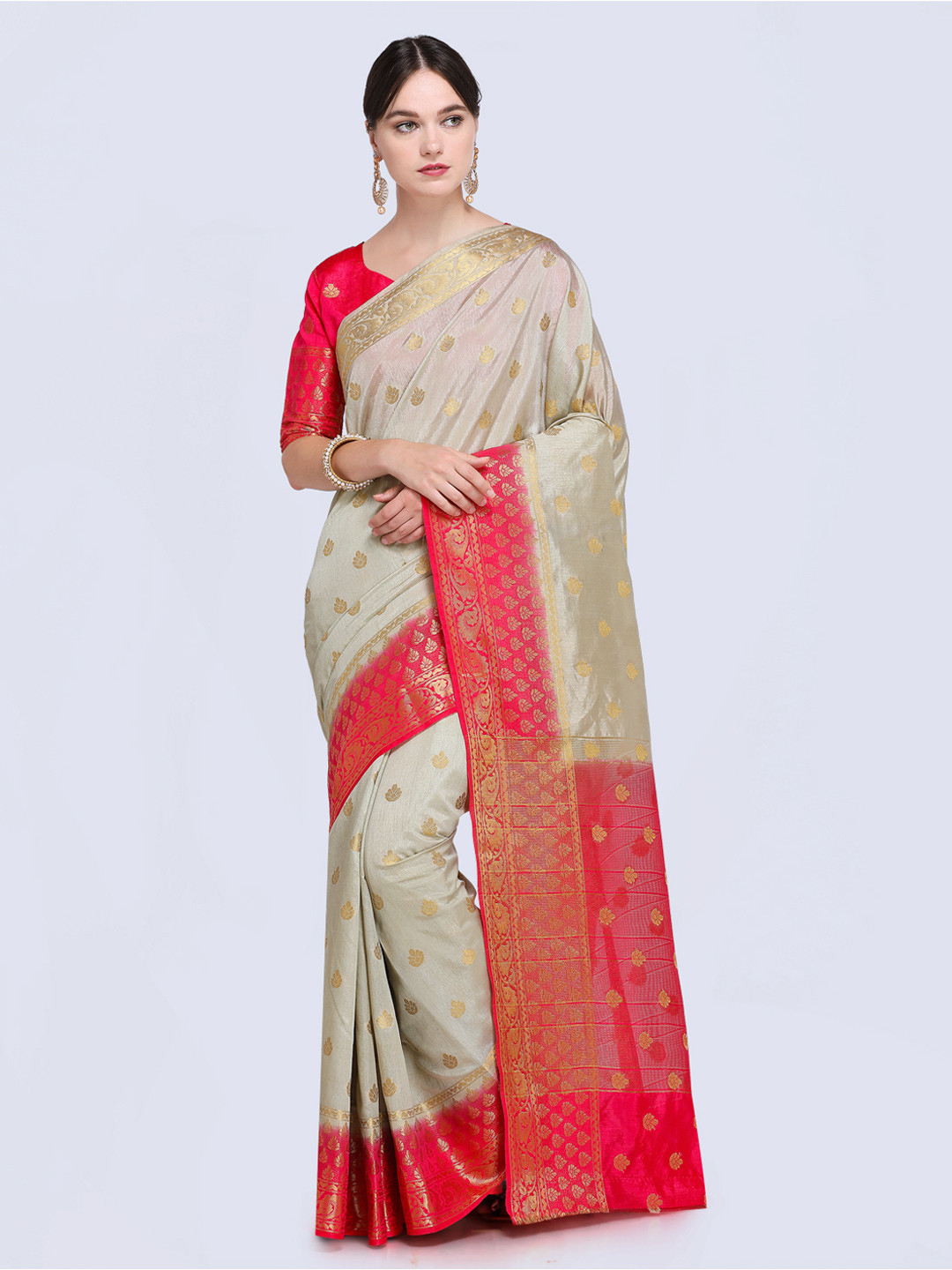 

Saree mall Beige & Pink Silk Blend Woven Design Kanjeevaram Saree