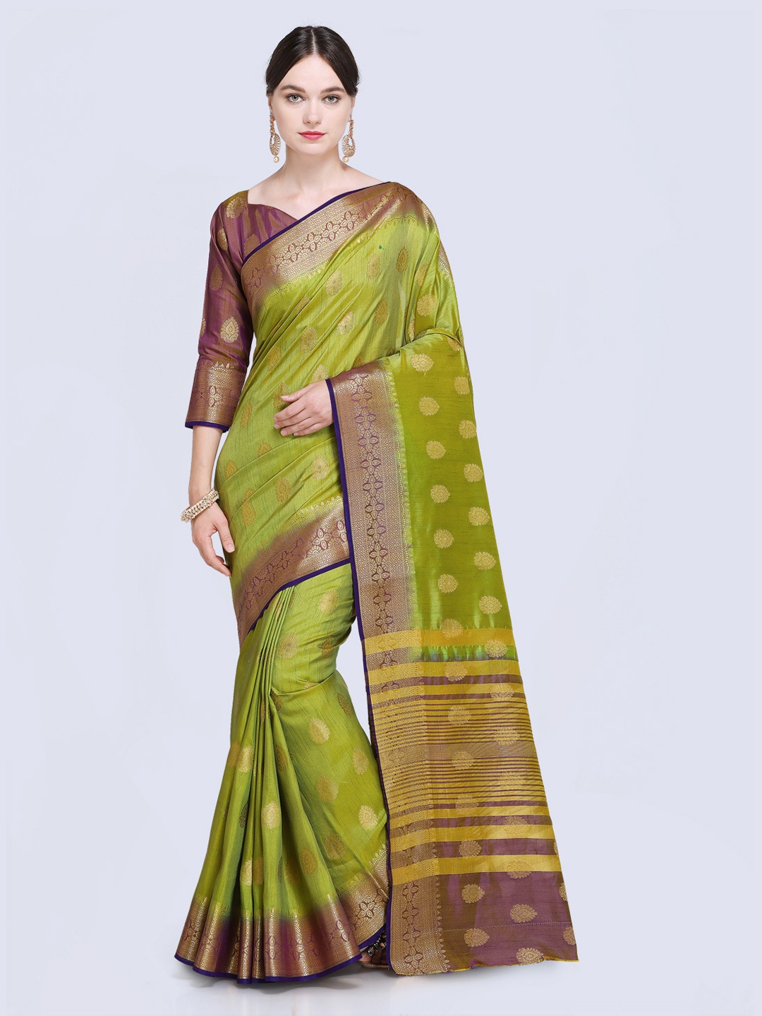 

Saree mall Green Silk Blend Woven Design Kanjeevaram Saree