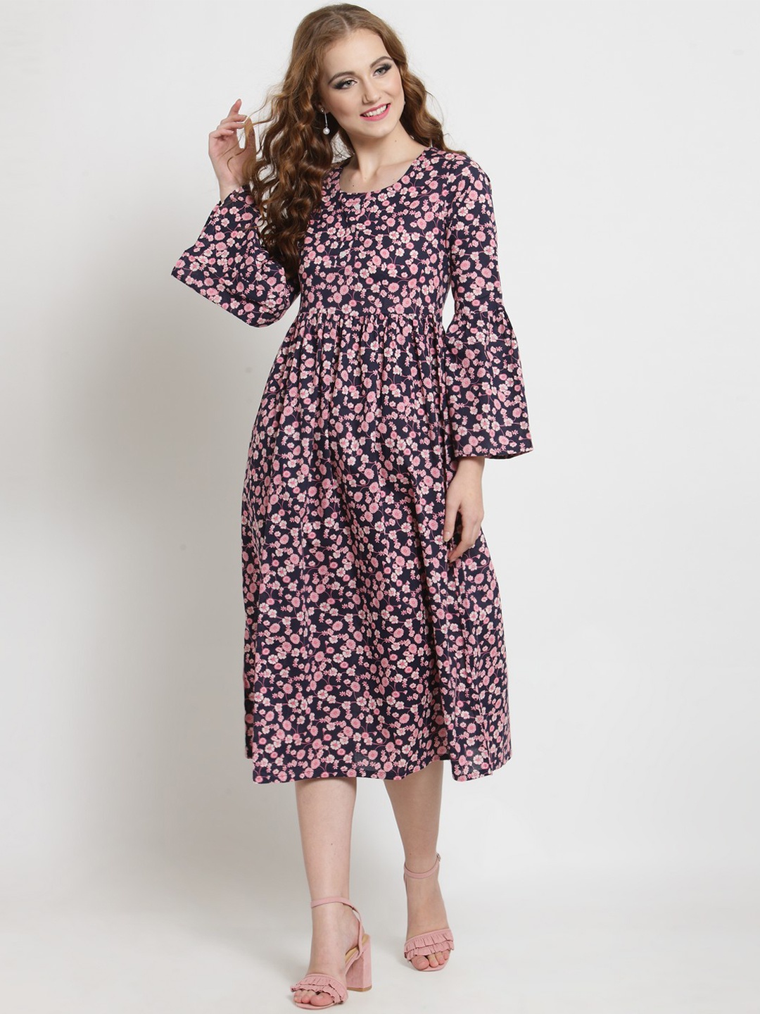 

Sera Women Navy Blue & Pink Printed Fit and Flare Dress