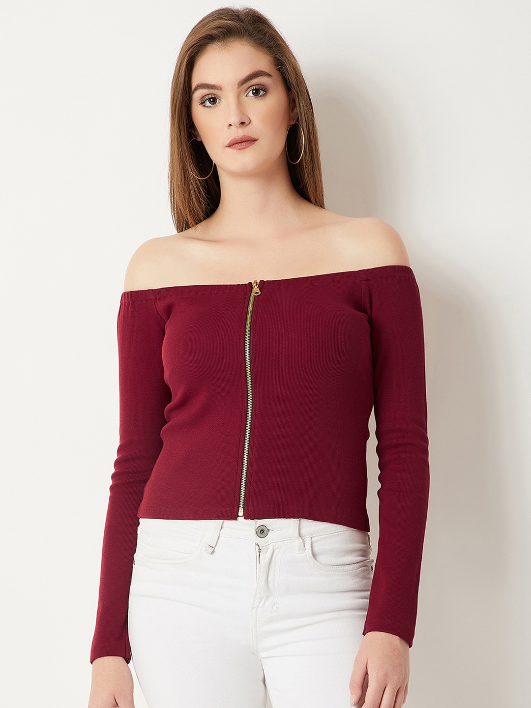 

Miss Chase Women Maroon Solid Bardot Pure Cotton Top