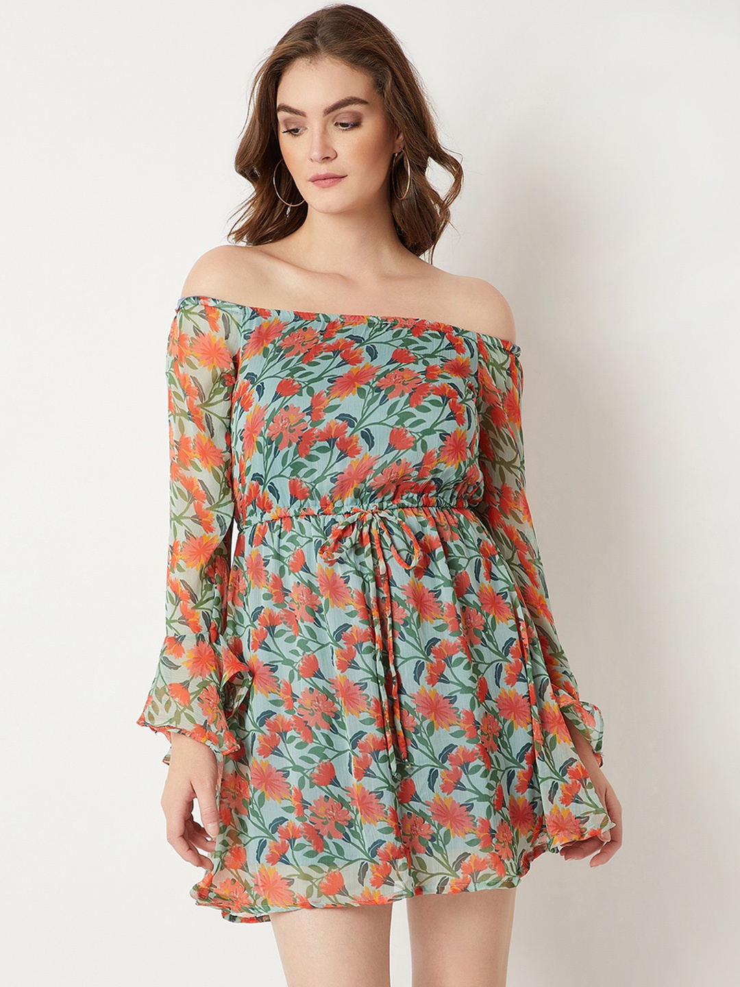 

Miss Chase Women Green & Peach-Coloured Printed Fit and Flare Dress