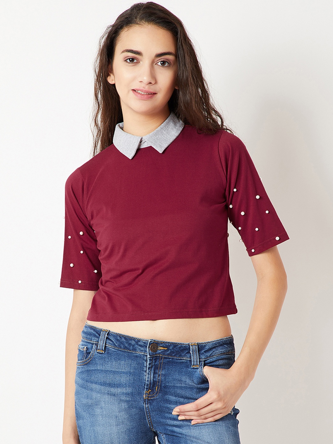 

Miss Chase Women Maroon Embellished Shirt Style Top