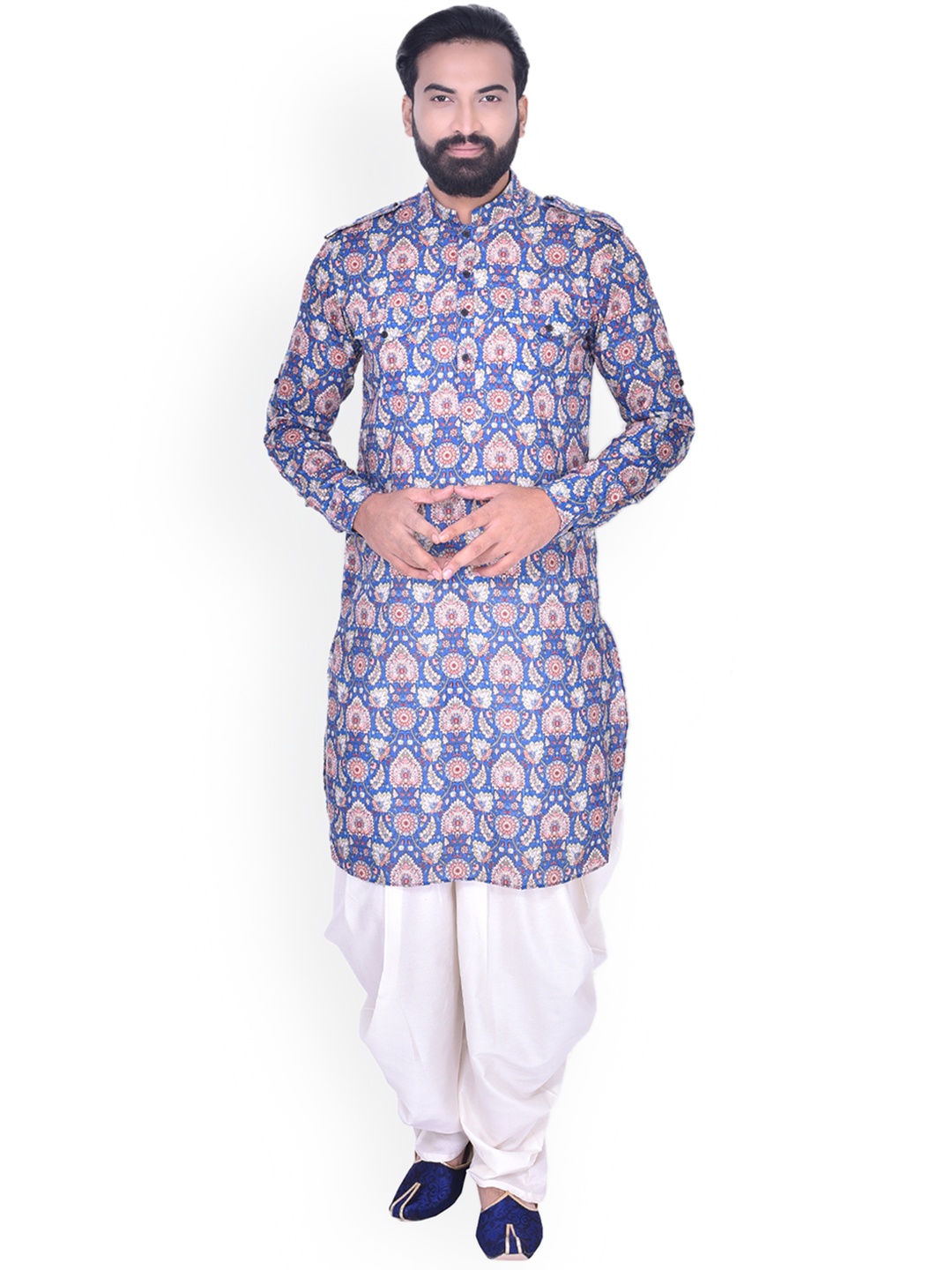 

Manyavar Men Blue & Off-White Printed Pathani Kurta