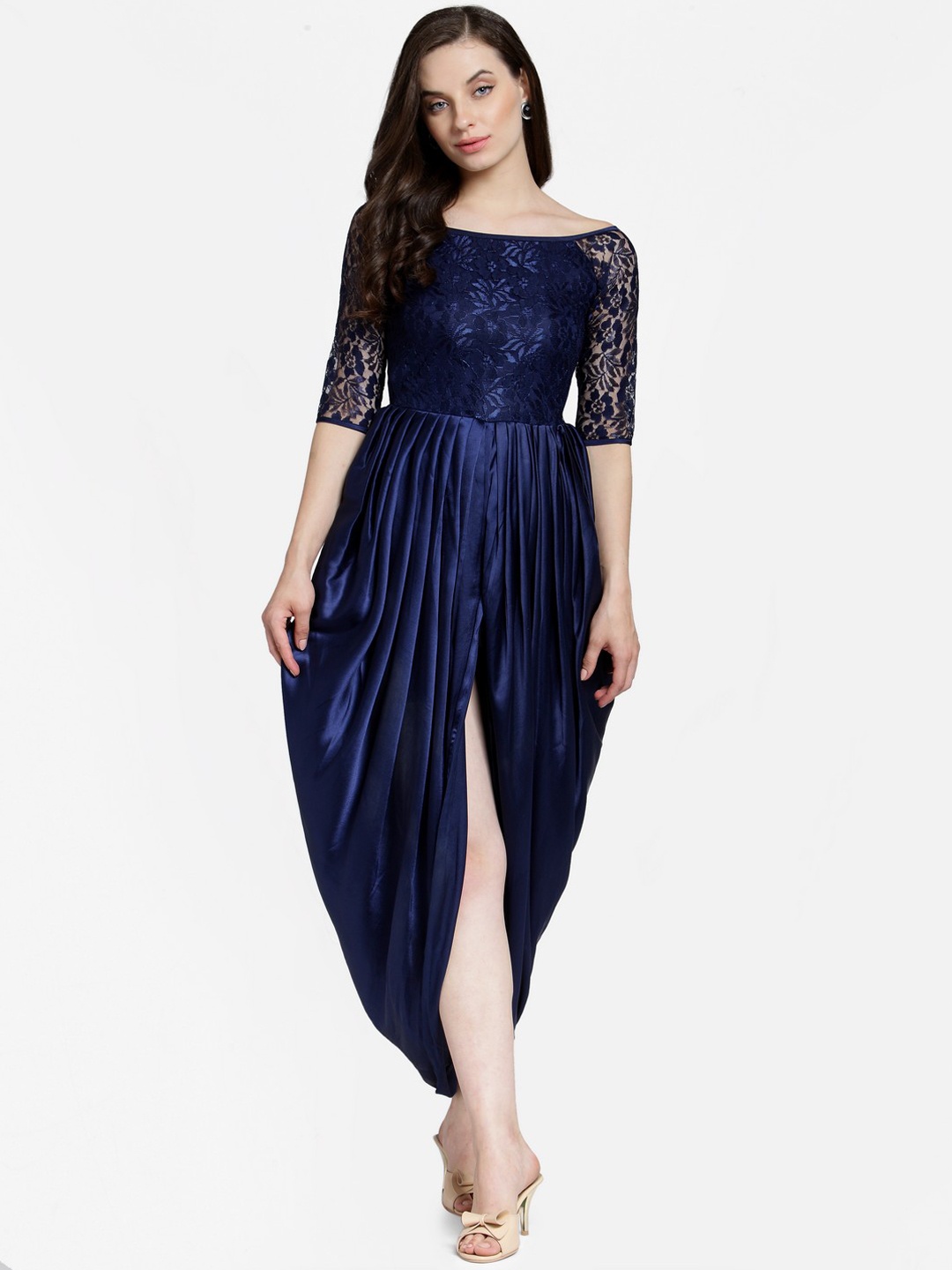 

Cation Women Navy Blue Solid Lace Maxi Dress