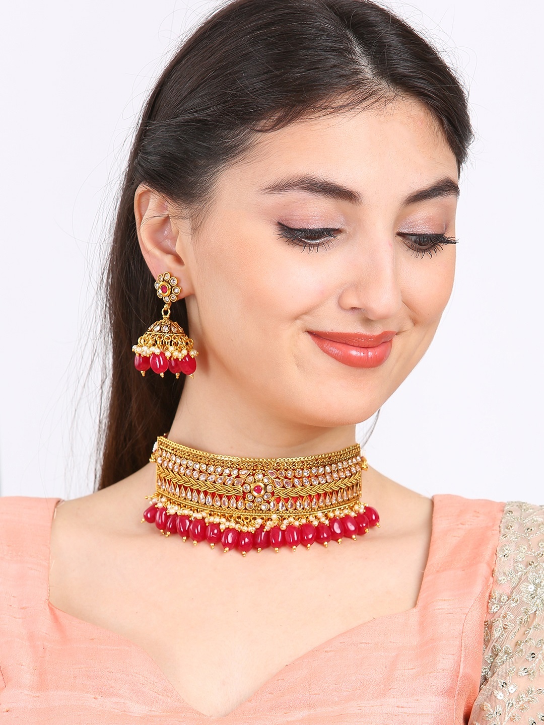 

Rubans Women Gold-Plated & Red Temple Kundan Necklace Set