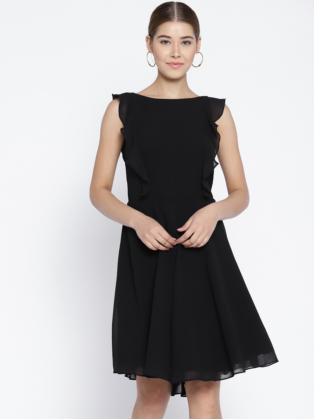 

sassystripes Women Black Solid Ruffle Fit & Flare Dress