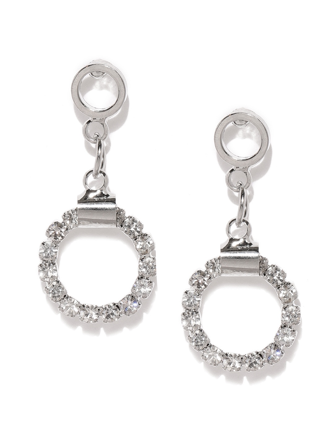 

Ayesha Silver-Toned Contemporary Diamante Studded Circular Dangler Earrings