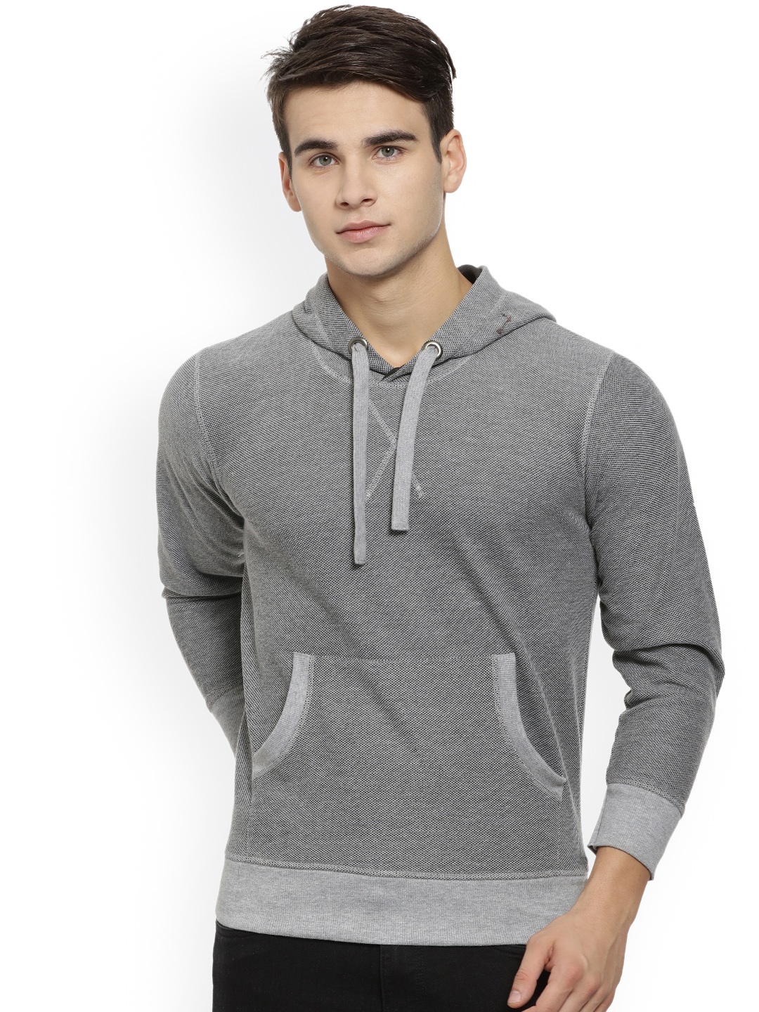 

Campus Sutra Men Grey Self Design Hooded Sweatshirt