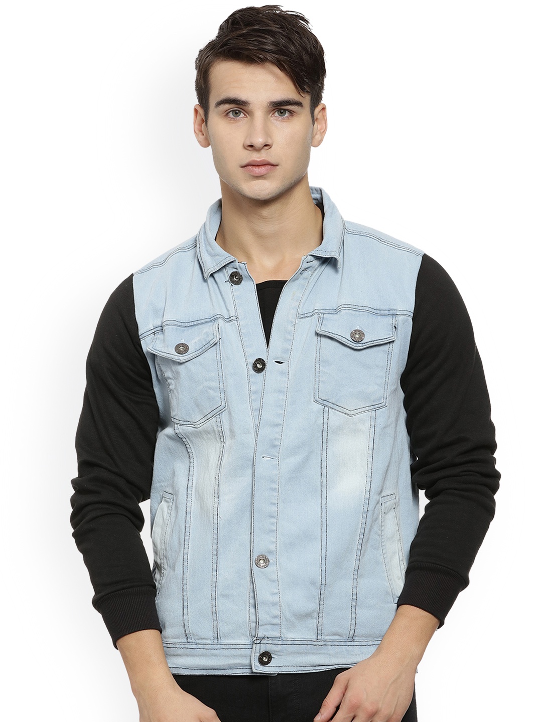 

Campus Sutra Men Blue & Black Colourblocked Denim Jacket