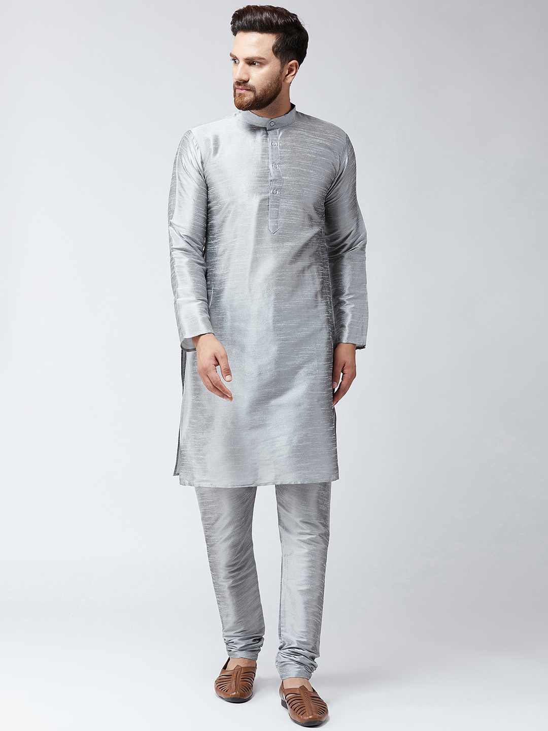 

SOJANYA Men Grey & Grey Solid Kurta with Churidar