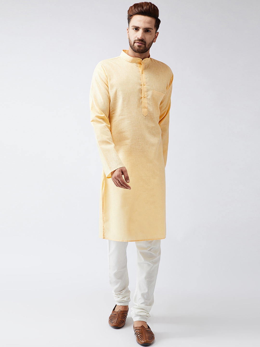 

SOJANYA Men Yellow & Off-White Solid Kurta with Churidar