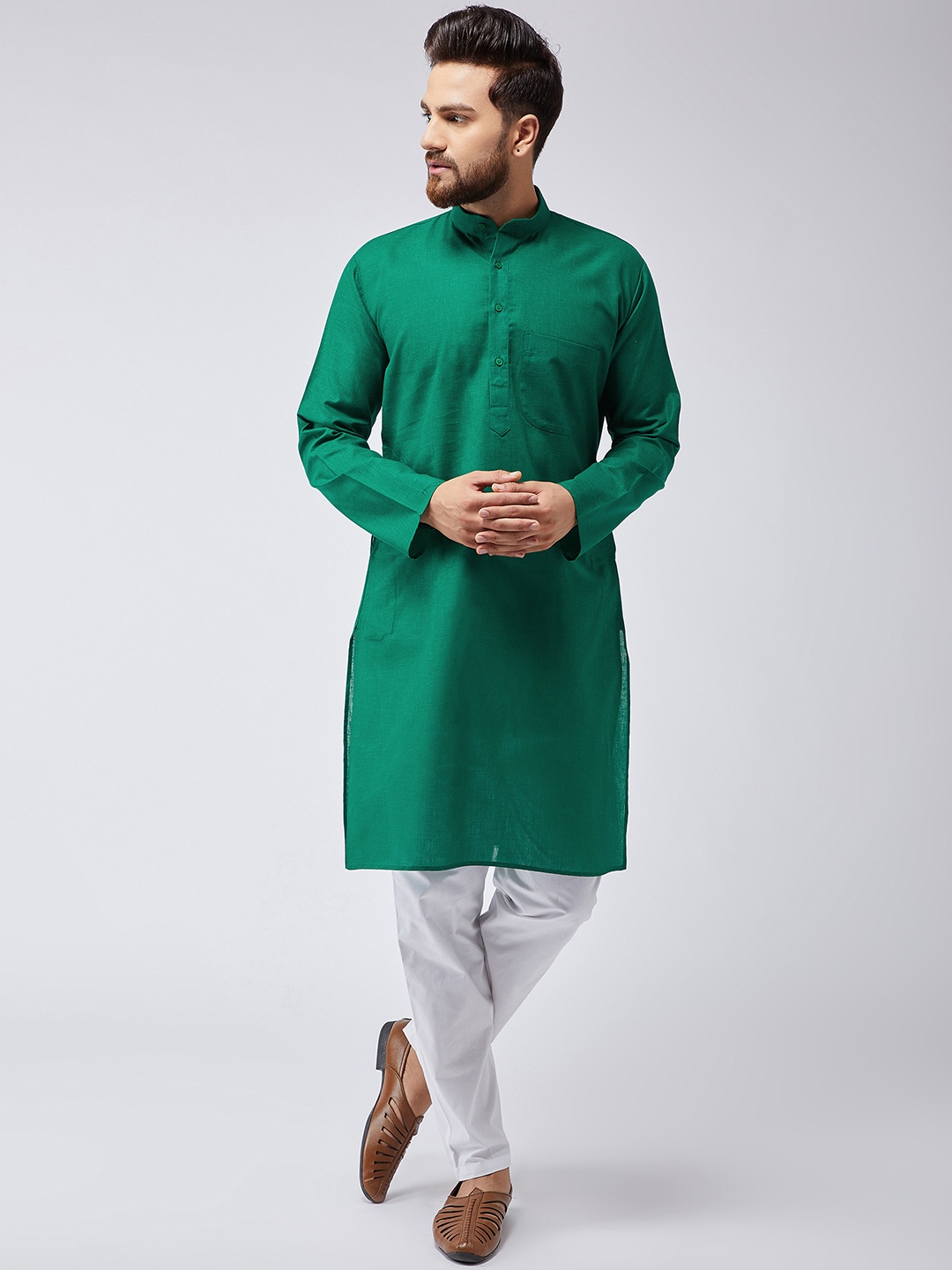 

SOJANYA Men Green & White Solid Kurta with Pyjamas