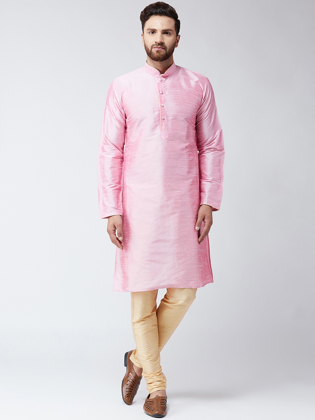 

SOJANYA Men Pink & Gold-Toned Solid Kurta with Churidar