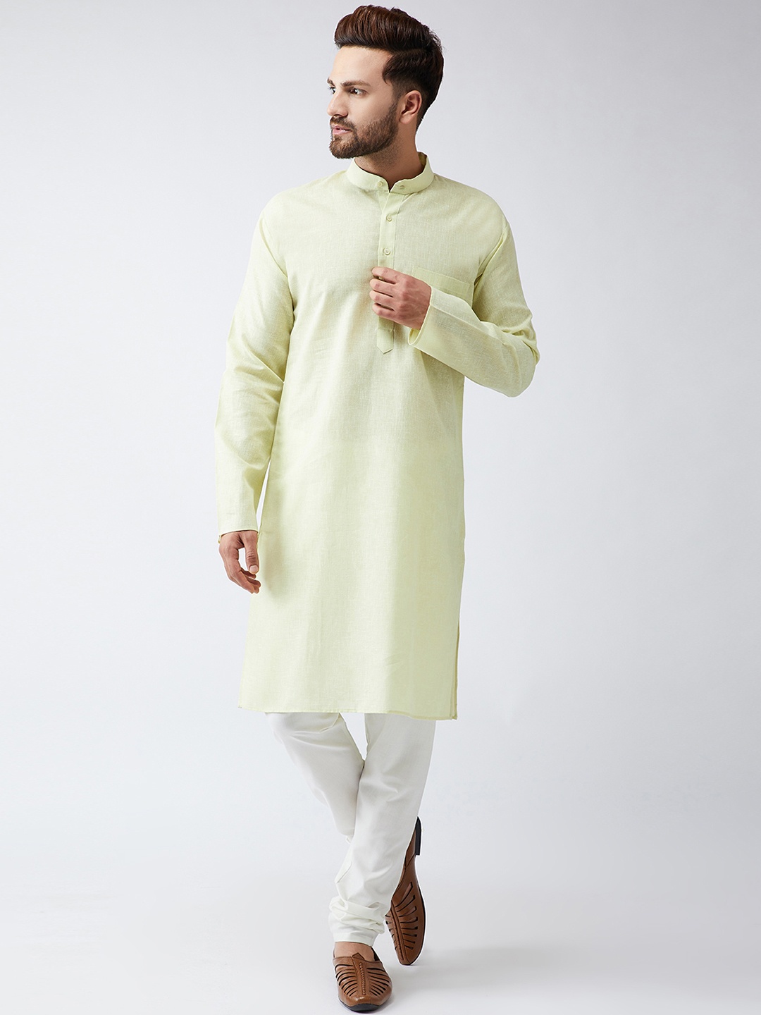 

SOJANYA Men Lime Green & Off-White Solid Kurta with Churidar