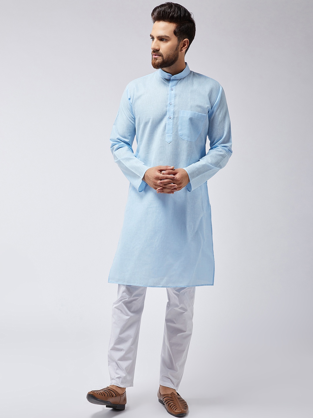 

SOJANYA Men Turquoise Blue & White Solid Kurta with Pyjamas