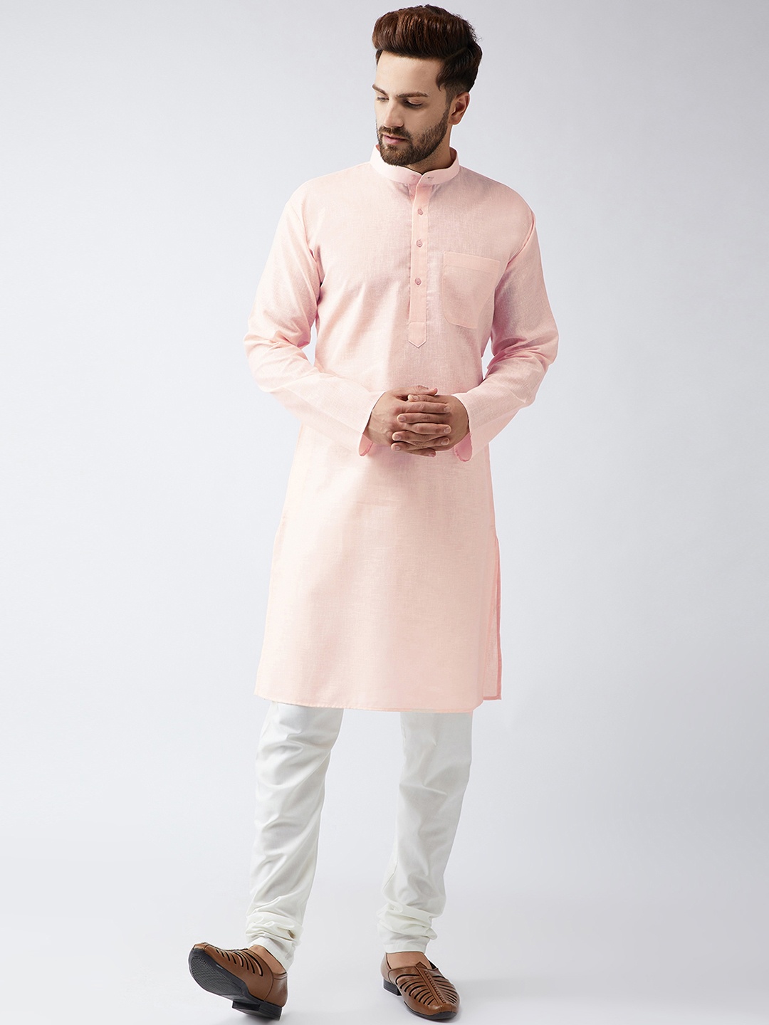 

SOJANYA Men Peach-Coloured & Off-White Solid Kurta with Churidar