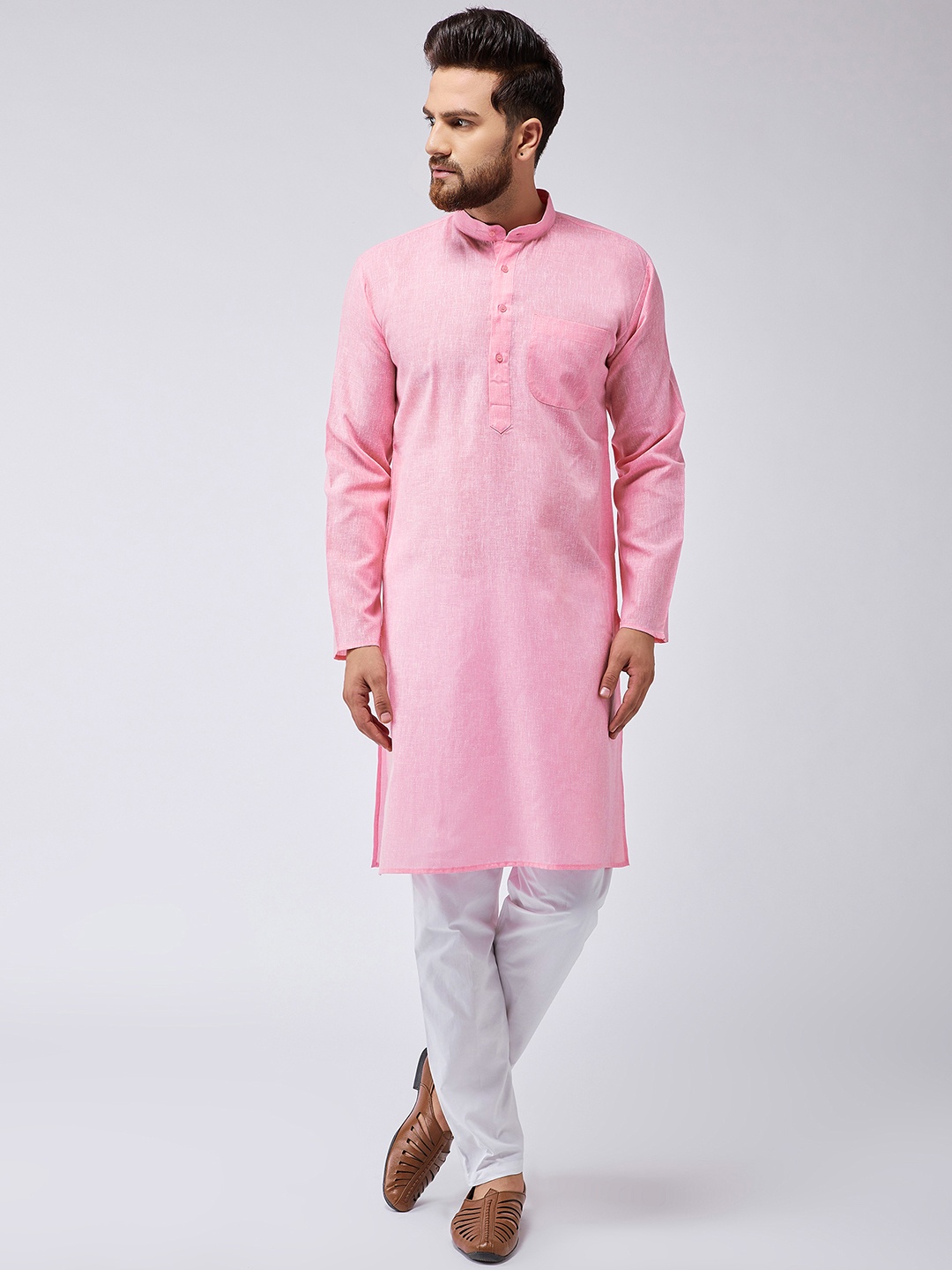 

SOJANYA Men Pink & White Solid Kurta with Pyjamas