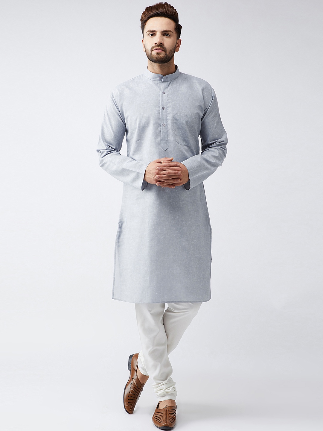 

SOJANYA Men Grey & Off-White Solid Kurta with Churidar