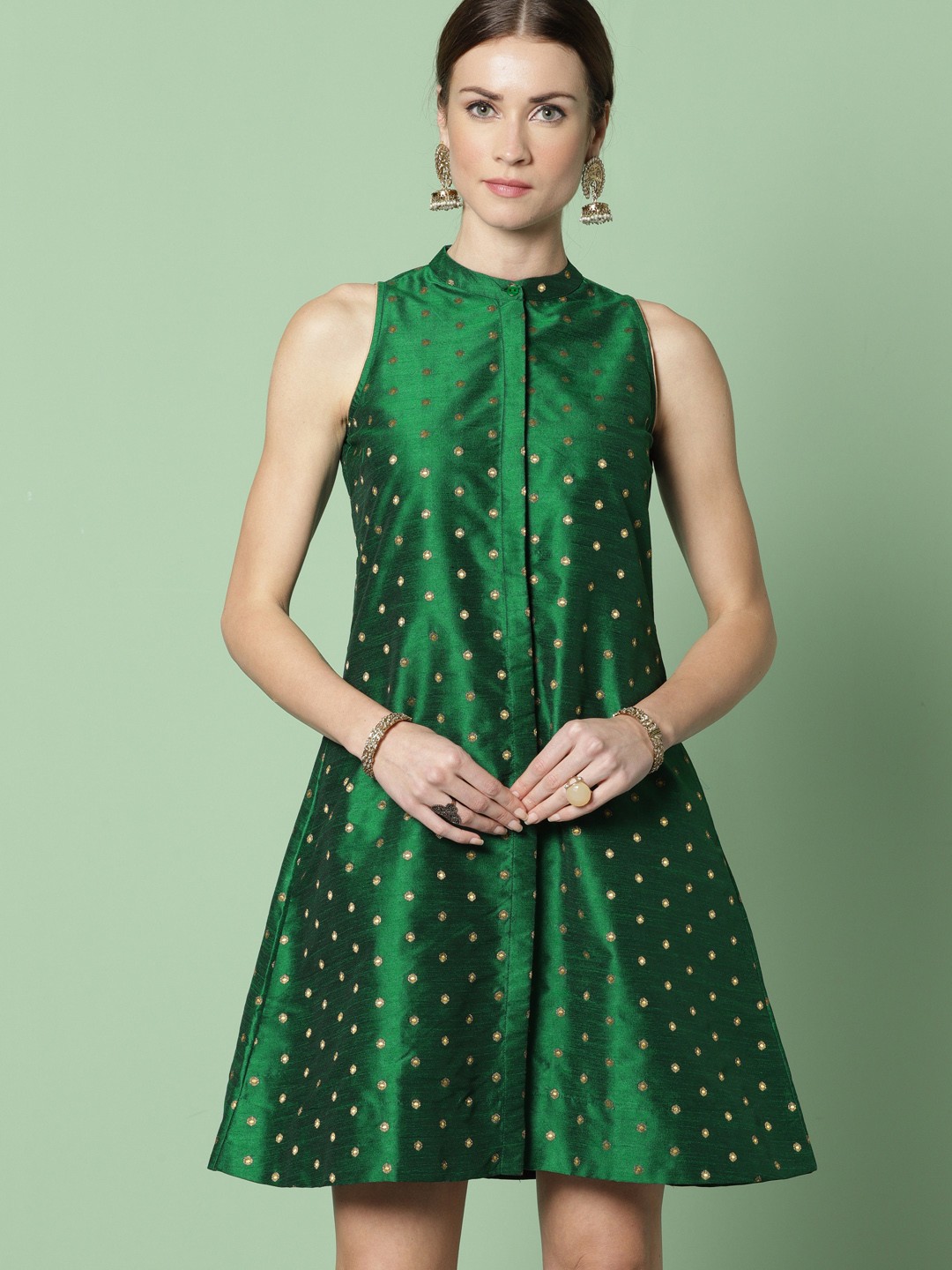 

House of Pataudi Women Green Printed A-Line Ethnic Dress