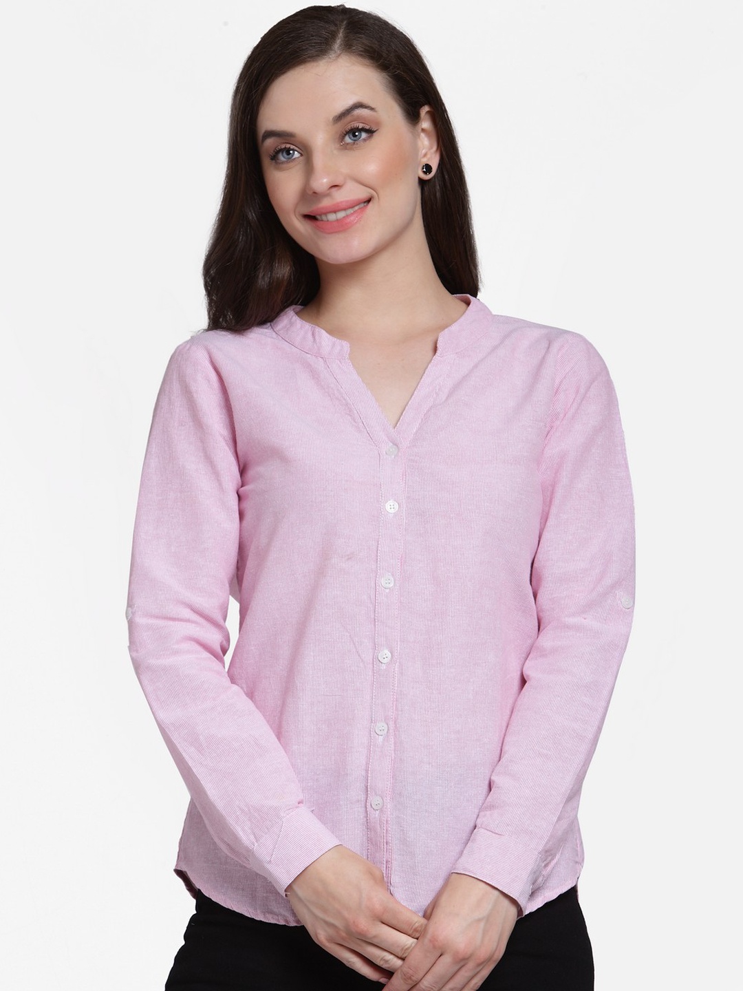 

Cation Women Pink Striped Casual Shirt