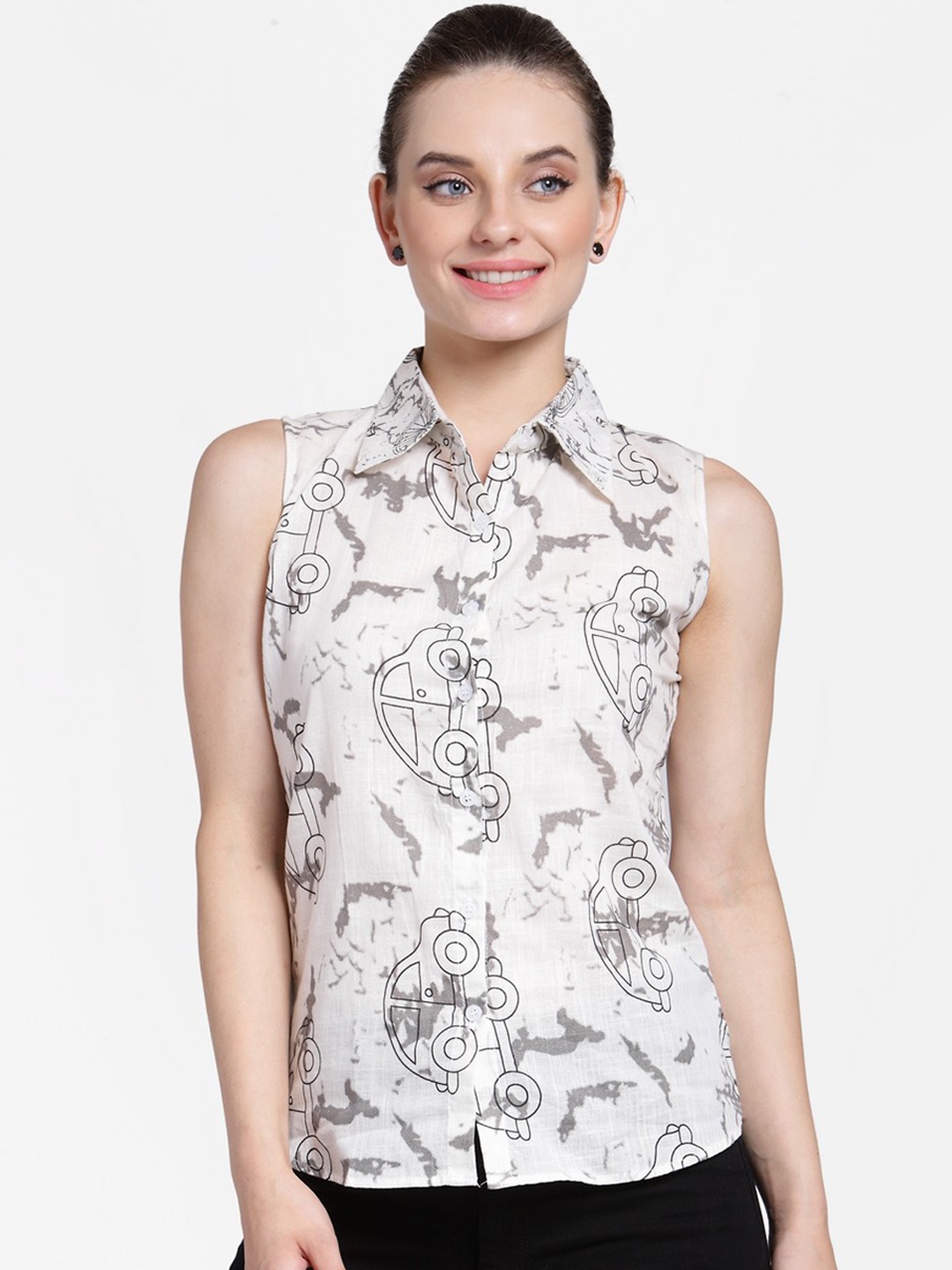 

Cation Women Off-White & Black Printed Casual Sleeveless Shirt
