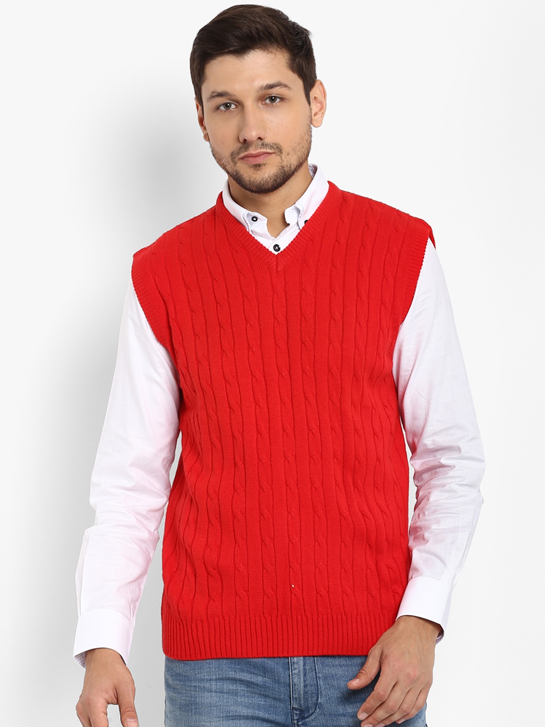 

Red Tape Men Red Cable Knit Pattern Sweater Vest