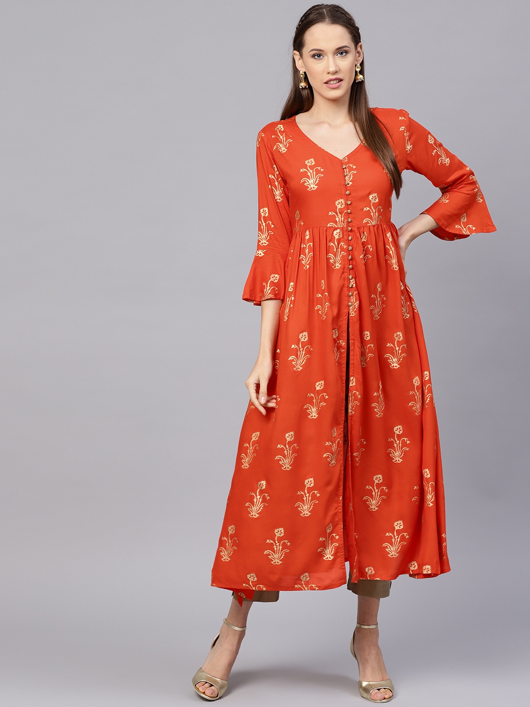 

Varanga Women Orange Printed A-Line Kurta