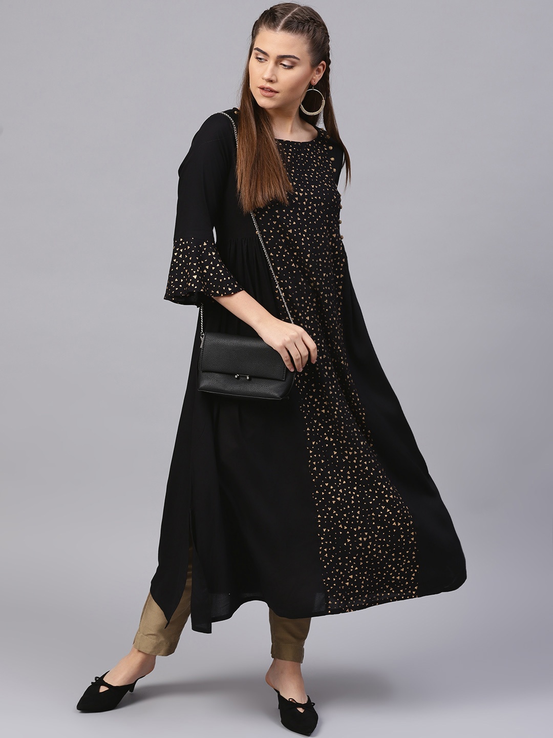 

Varanga Women Black & Golden Printed A-Line Kurta