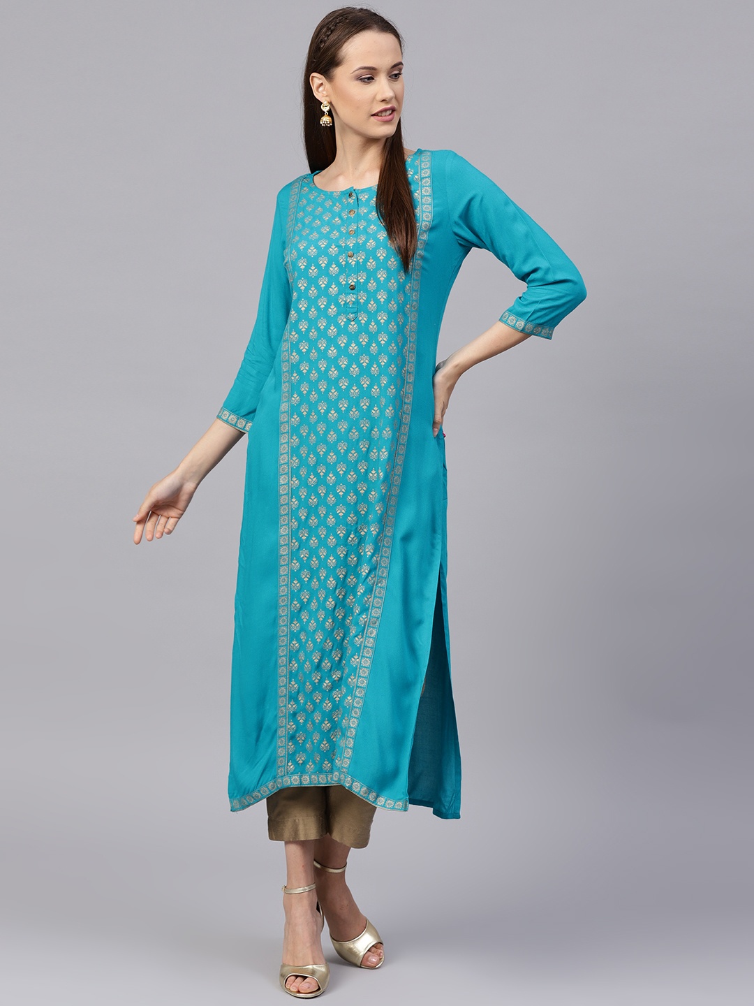 

Varanga Women Blue & Golden Printed Straight Kurta