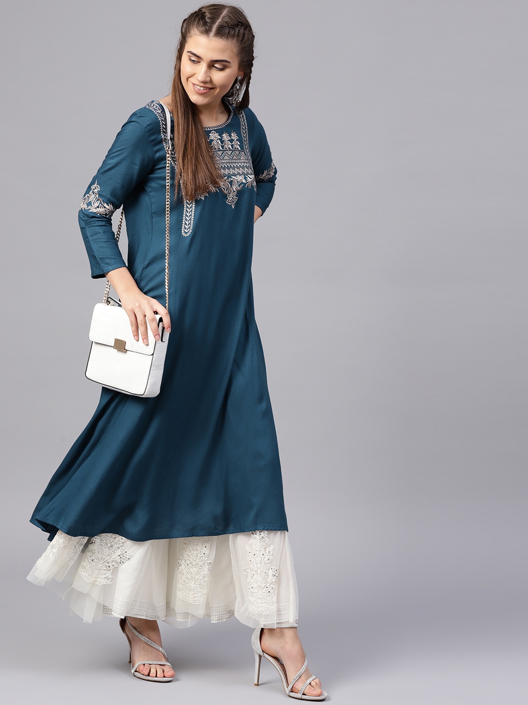 

Varanga Women Teal Yoke Design A-Line Kurta