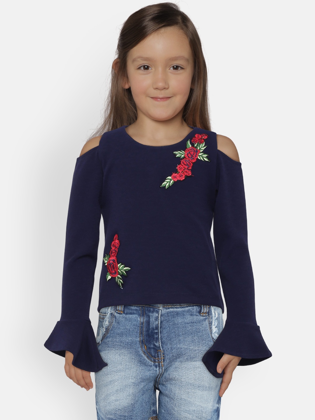 

Peppermint Girls Navy Blue Solid Cold-Shoulder Top