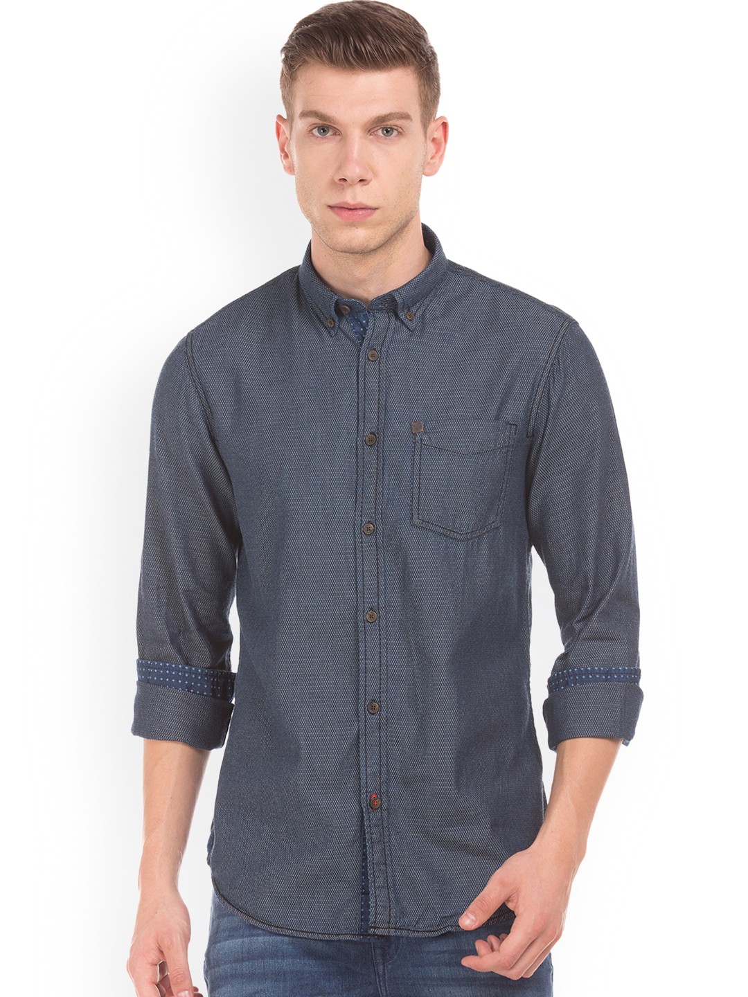 

Arrow Blue Jean Co. Men Navy Blue Slim Fit Self Design Casual Shirt