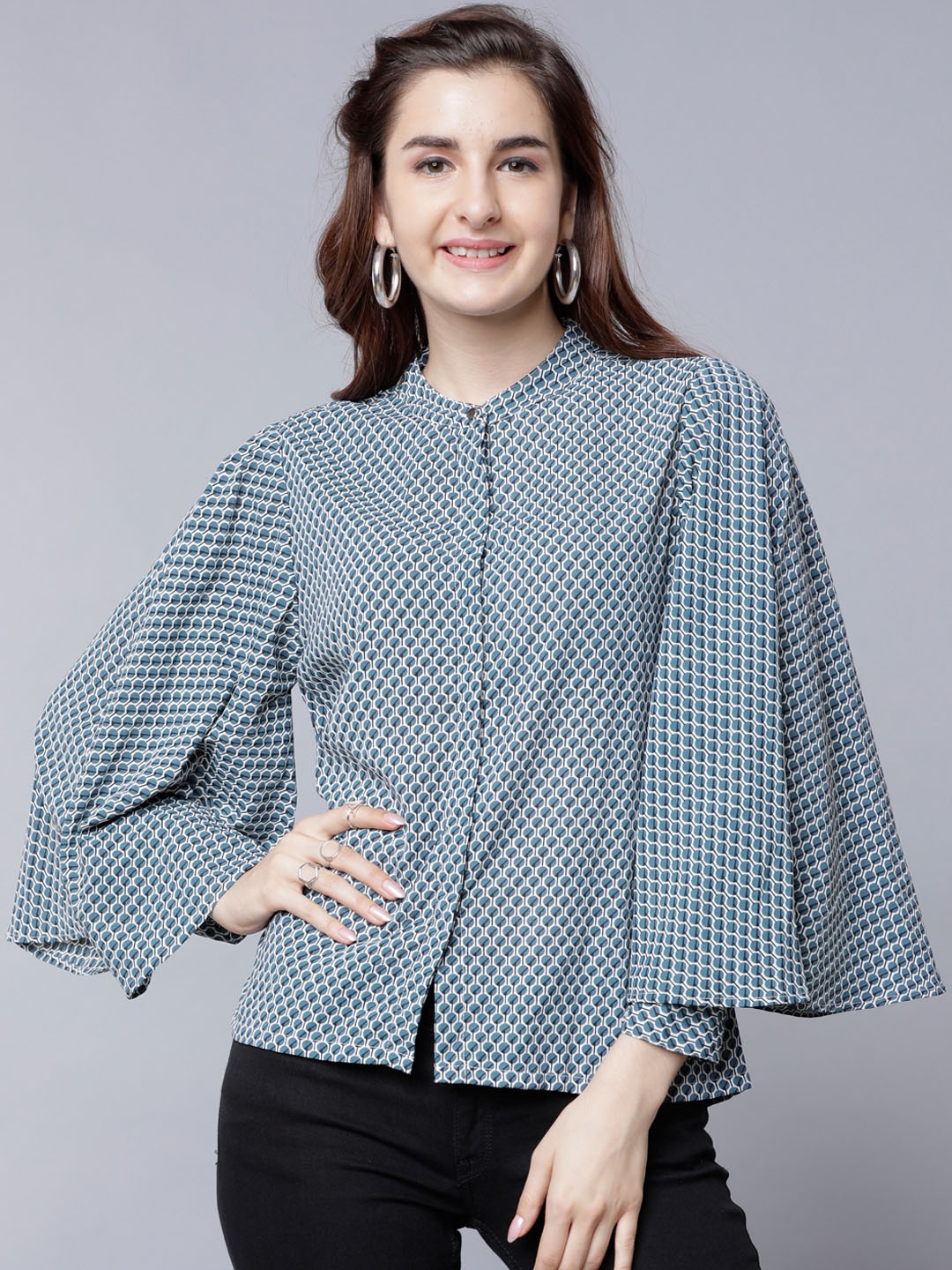

Tokyo Talkies Women Blue Printed Shirt Style Top
