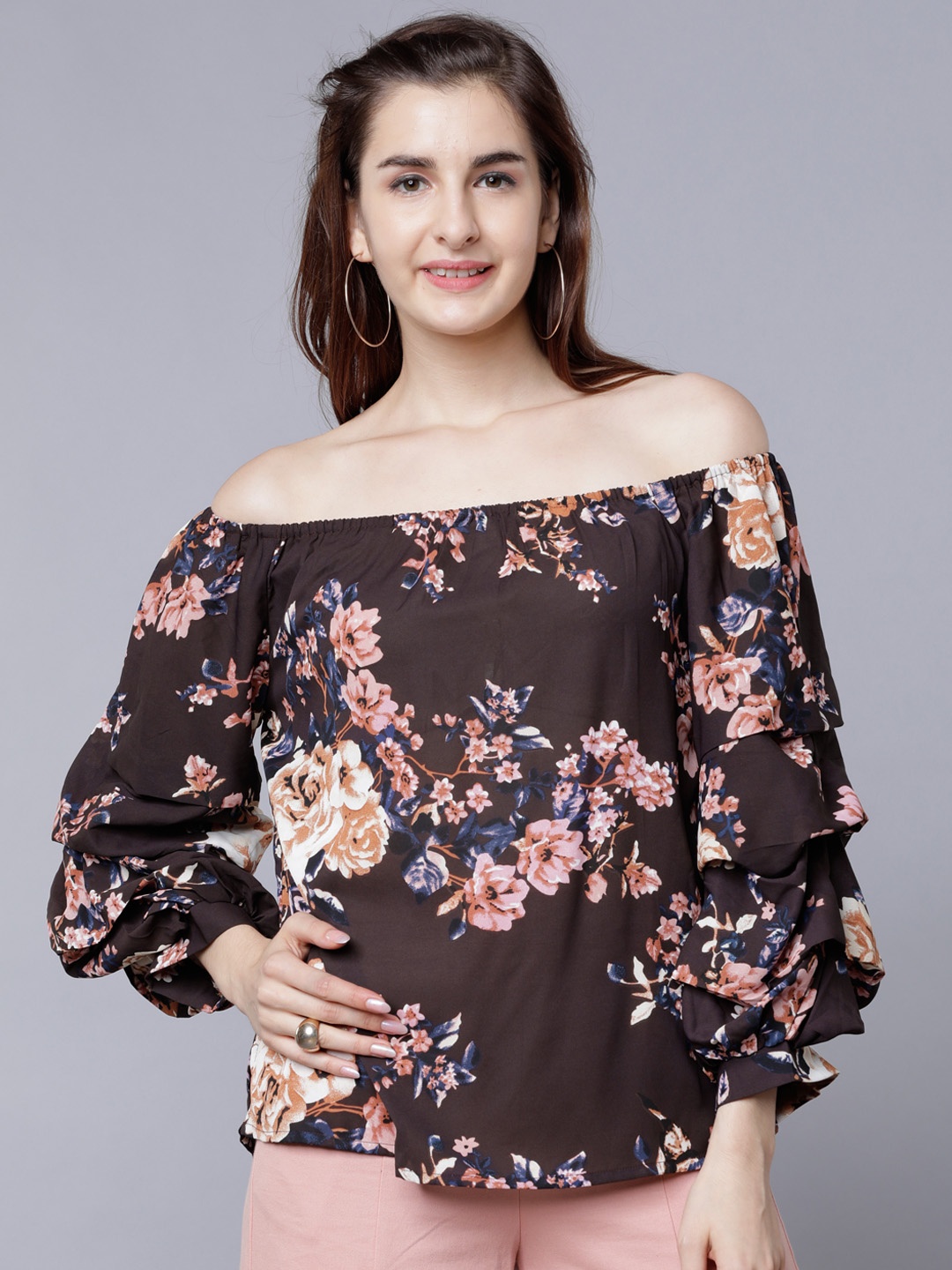 

Tokyo Talkies Women Brown Printed Bardot Top