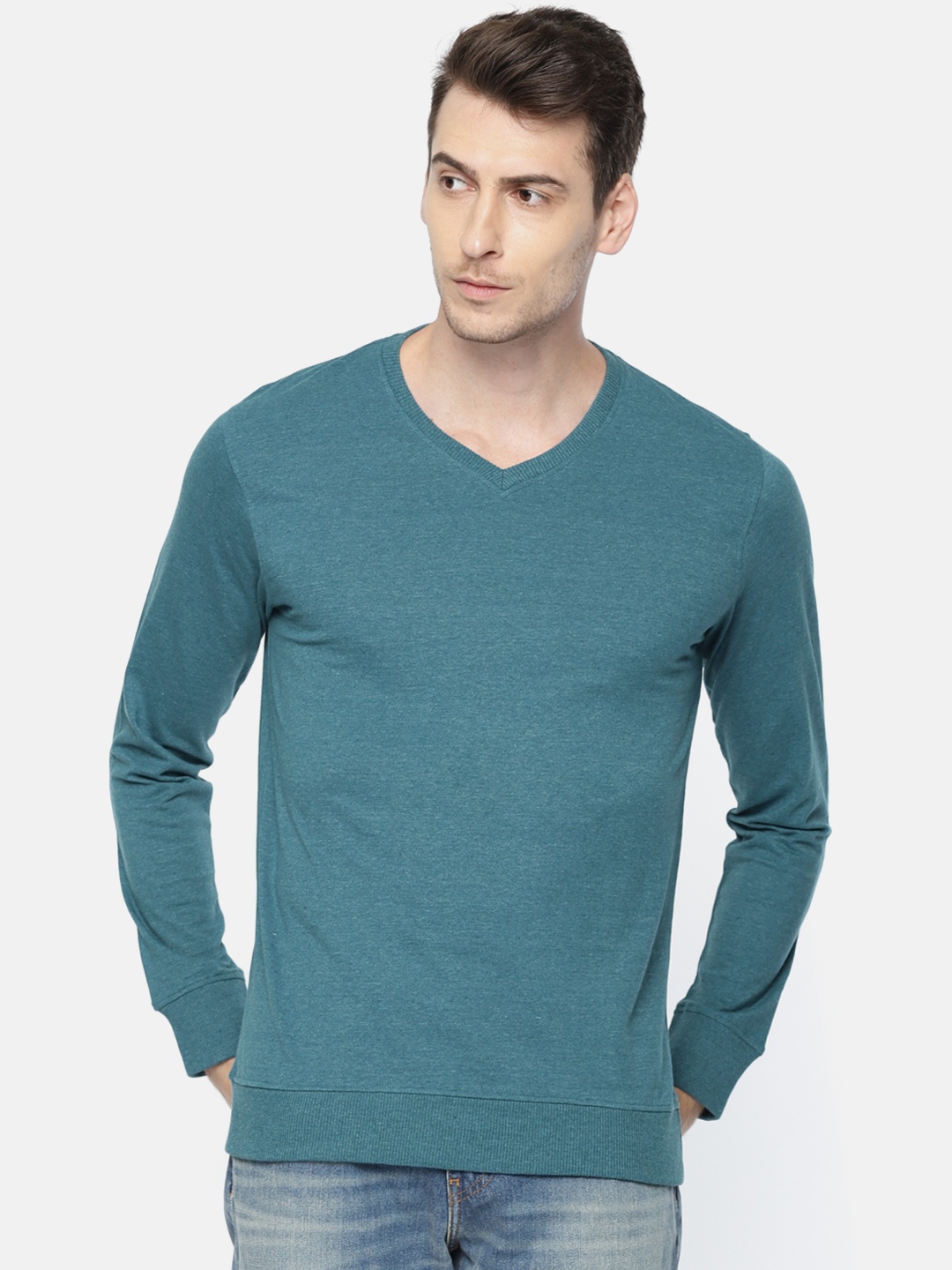 

ARISE Men Teal Blue Solid V-Neck T-shirt