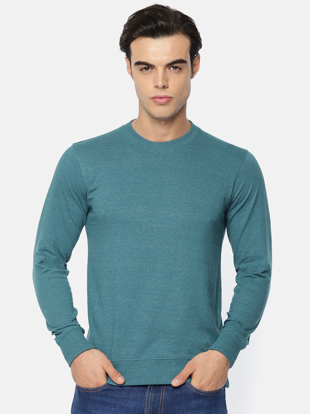 

ARISE Men Teal Blue Solid Round Neck Pure Cotton T-shirt