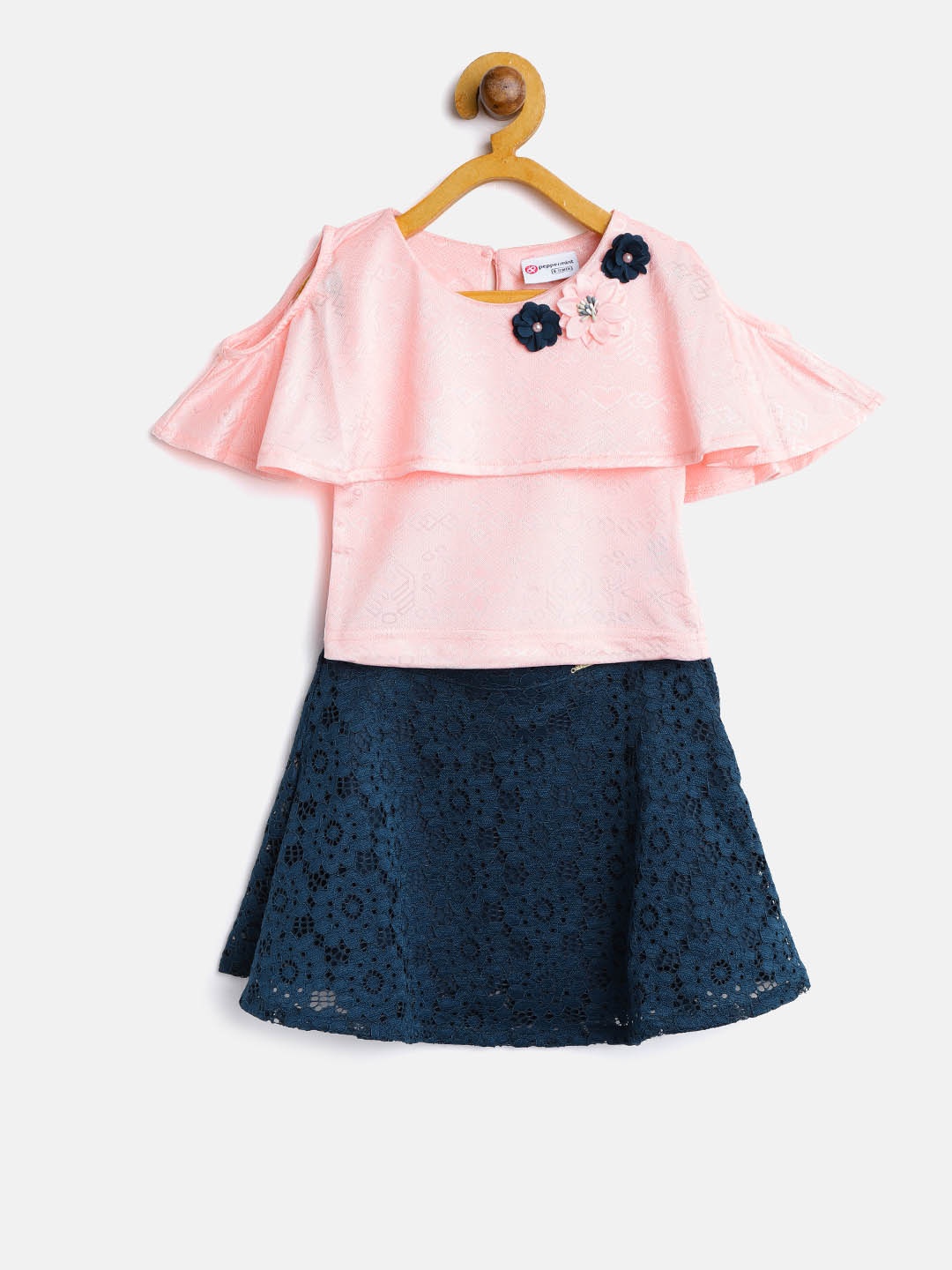 

Peppermint Girls Pink & Teal Blue Layered Self Design Top with Lace A-Line Skirt