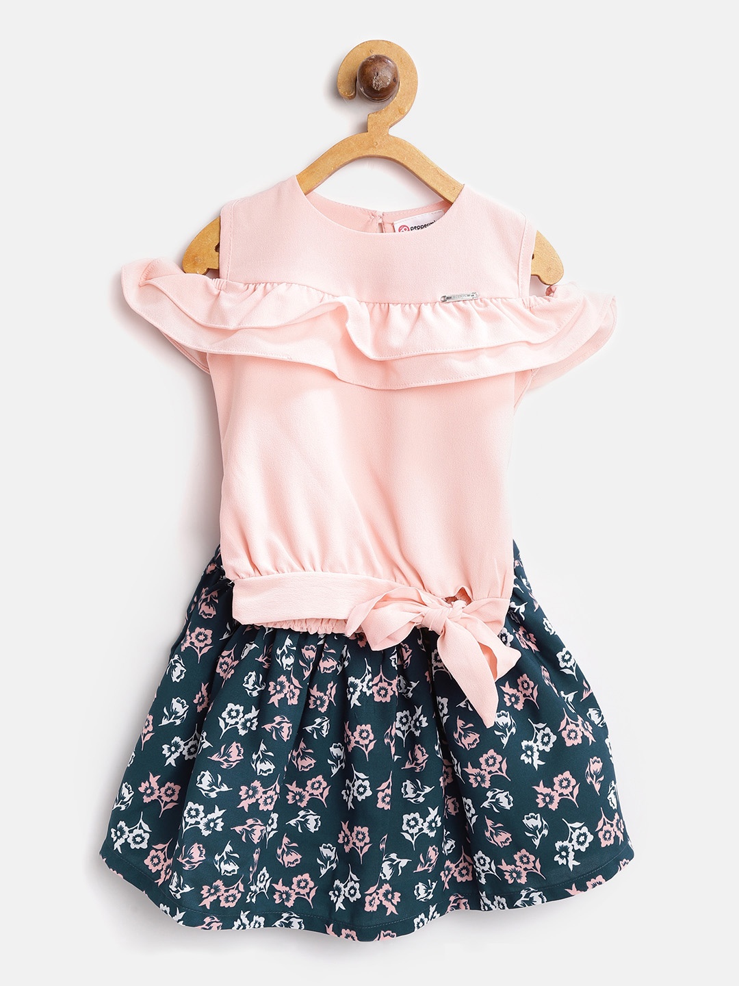 

Peppermint Girls Peach-Coloured & Navy Blue Solid Top with Skirt