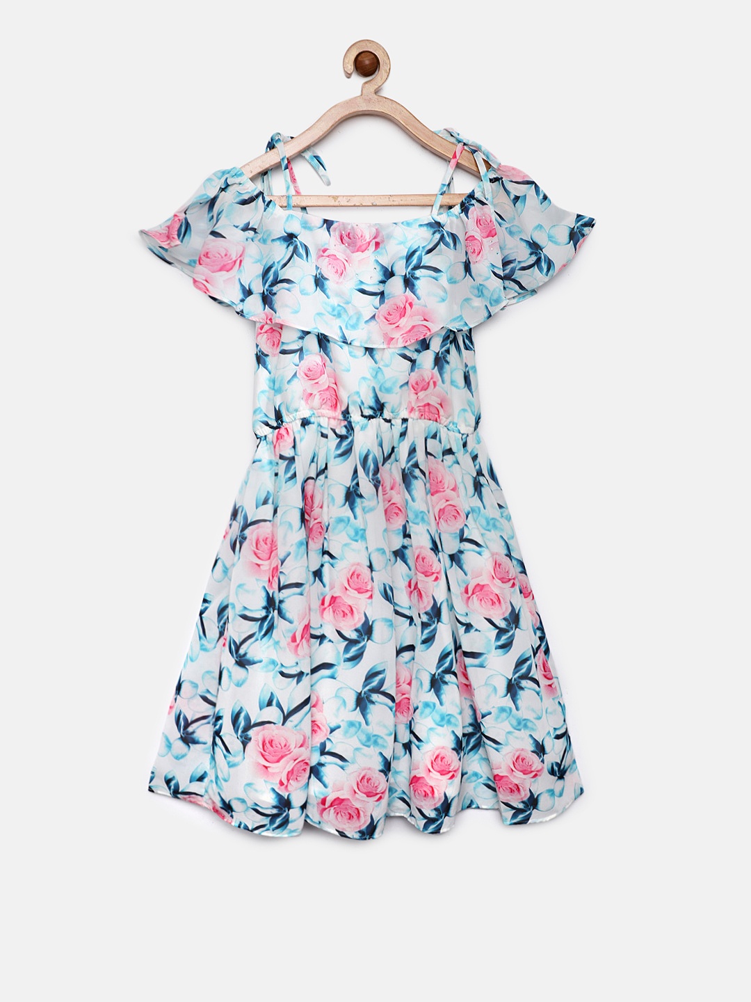 

Peppermint Teal Blue Floral Fit and Flare Dress, Off white