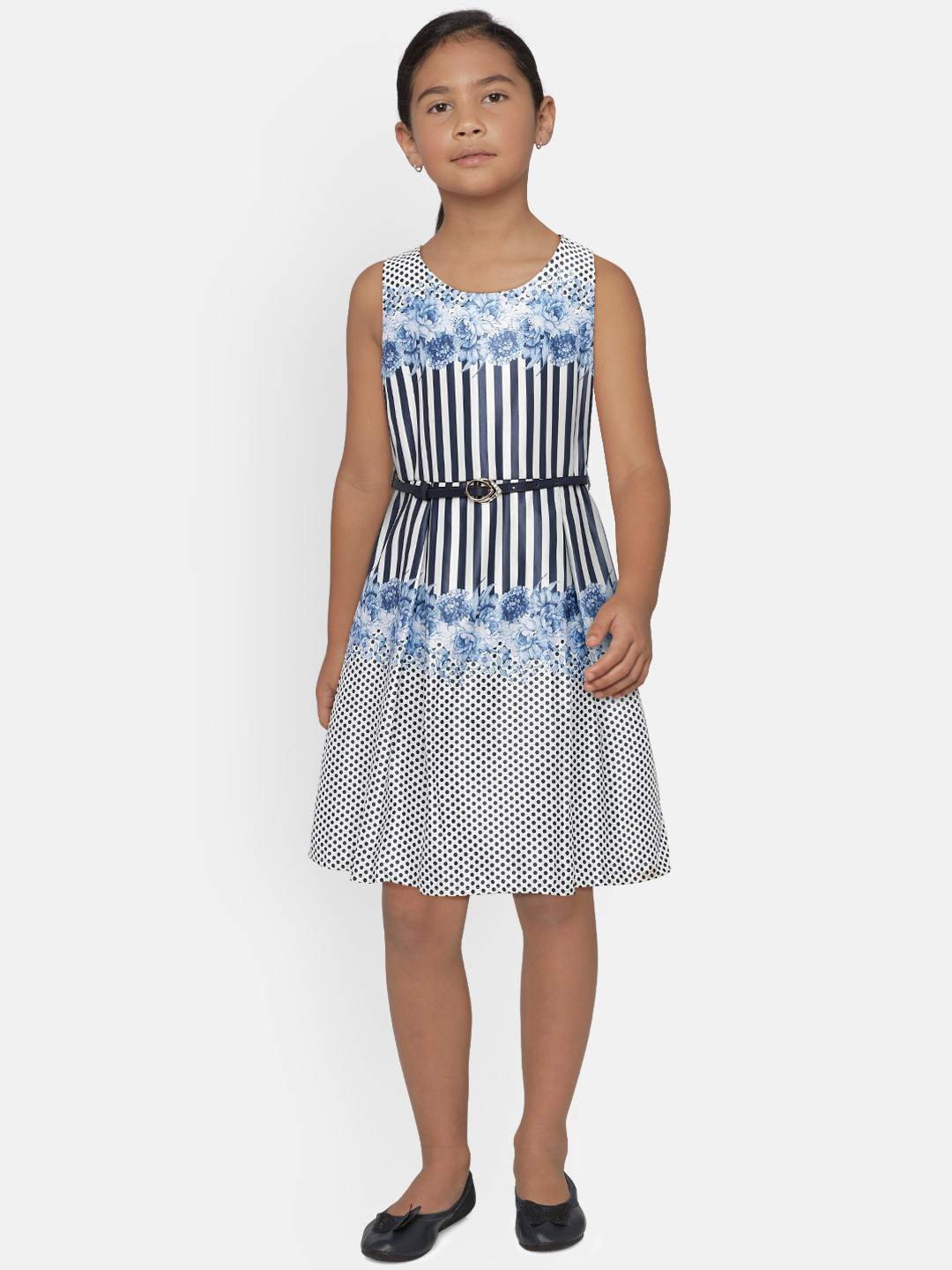 

Peppermint Girls Blue & White Printed Fit & Flare Dress