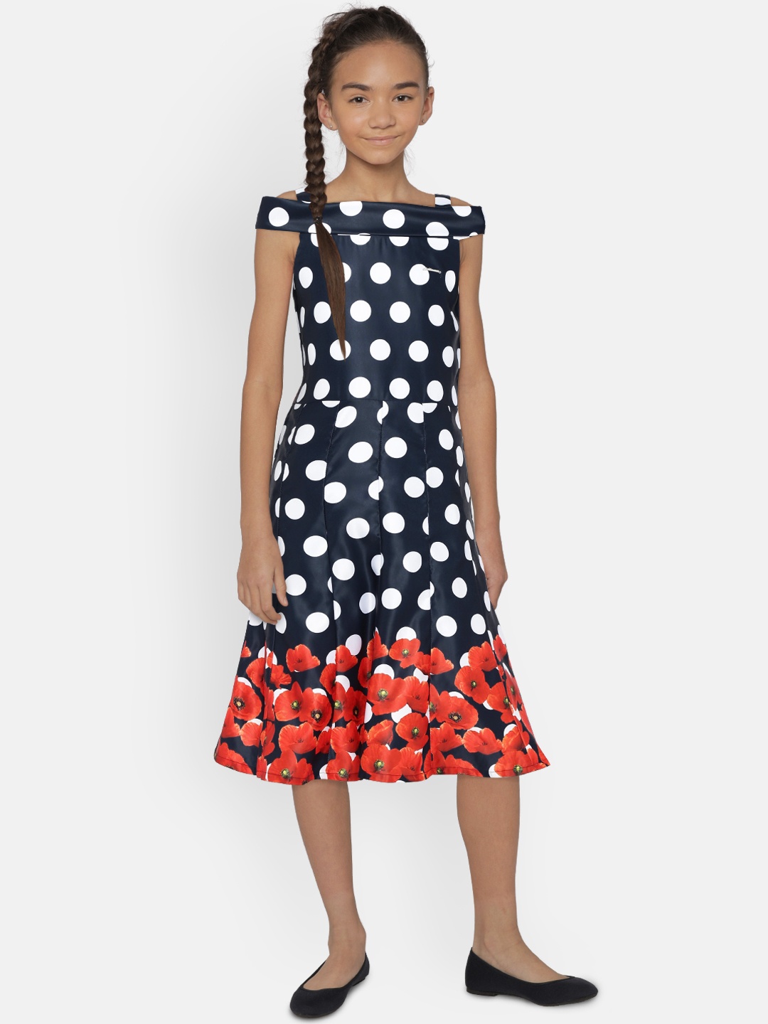 

Peppermint Girls Navy Blue Printed Fit and Flare Dress