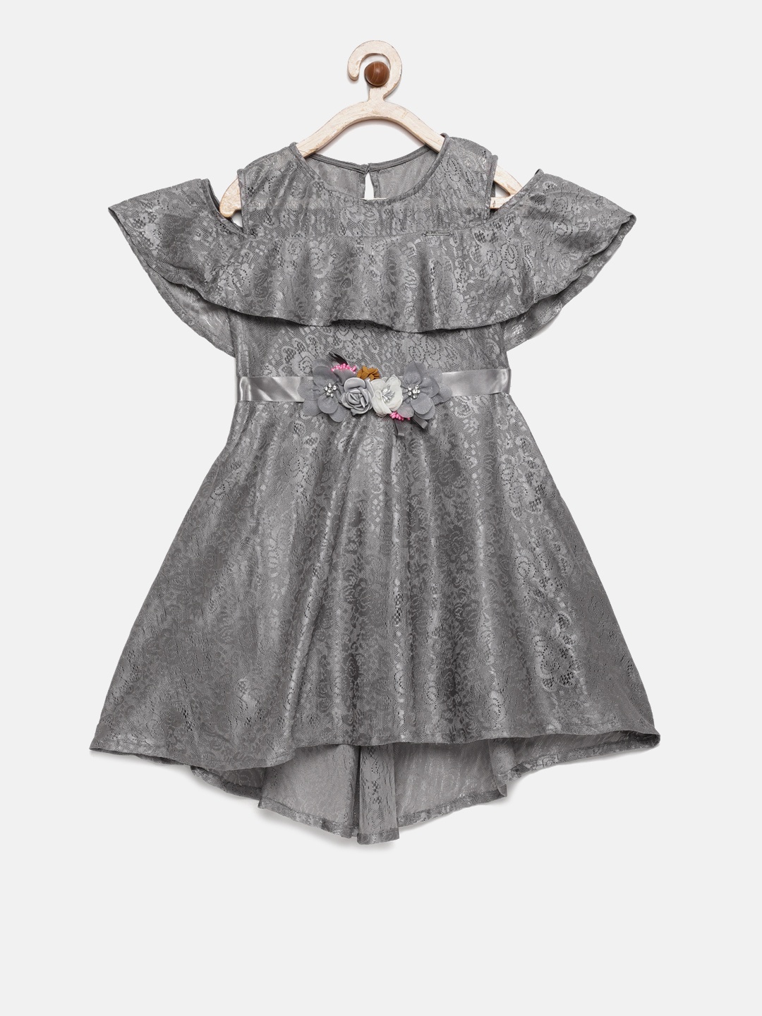 

Peppermint Girls Grey Self Design Fit and Flare Dress