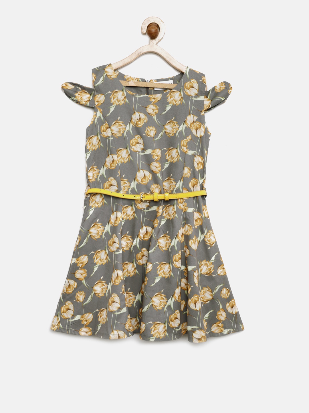 

Peppermint Girls Grey & Yellow WINTER RUSH Printed A-Line Dress