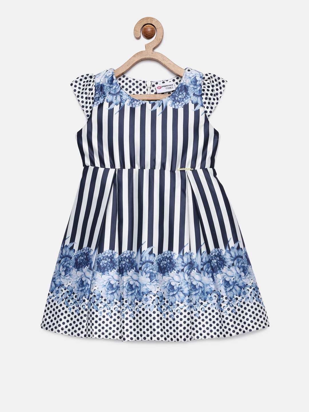 

Peppermint Girls Navy Blue & White Striped Fit and Flare Dress
