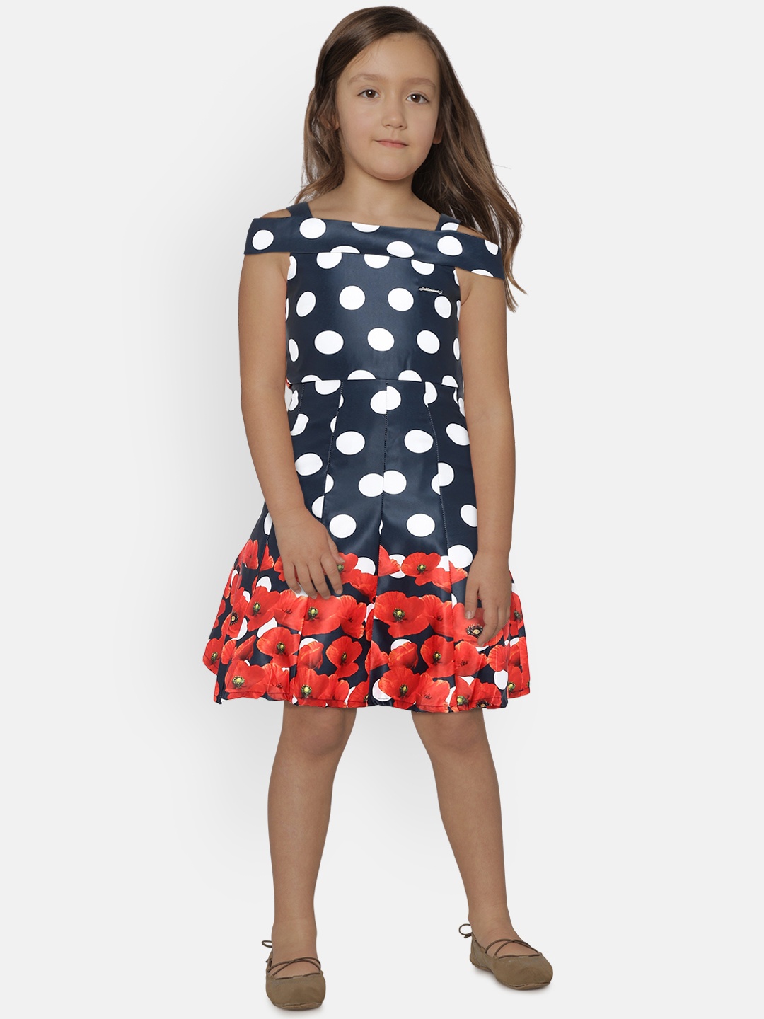

Peppermint Girls Navy Blue & Red Polka Dot Printed Fit & Flare Dress