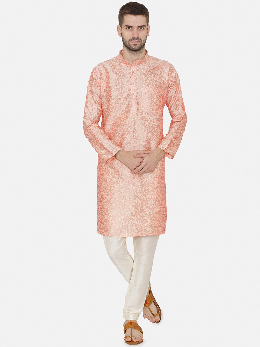 

Wintage Men Peach-Coloured Woven Design Straight Kurta