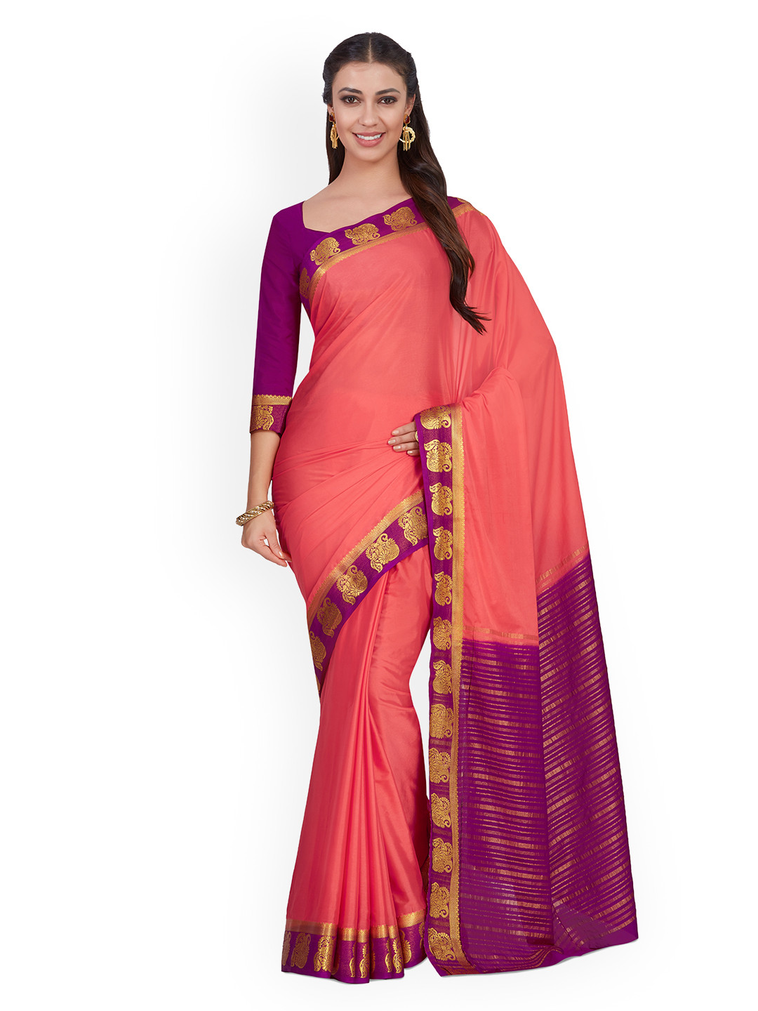 

MIMOSA Coral & Magenta Poly Chiffon Solid Kanjeevaram Saree
