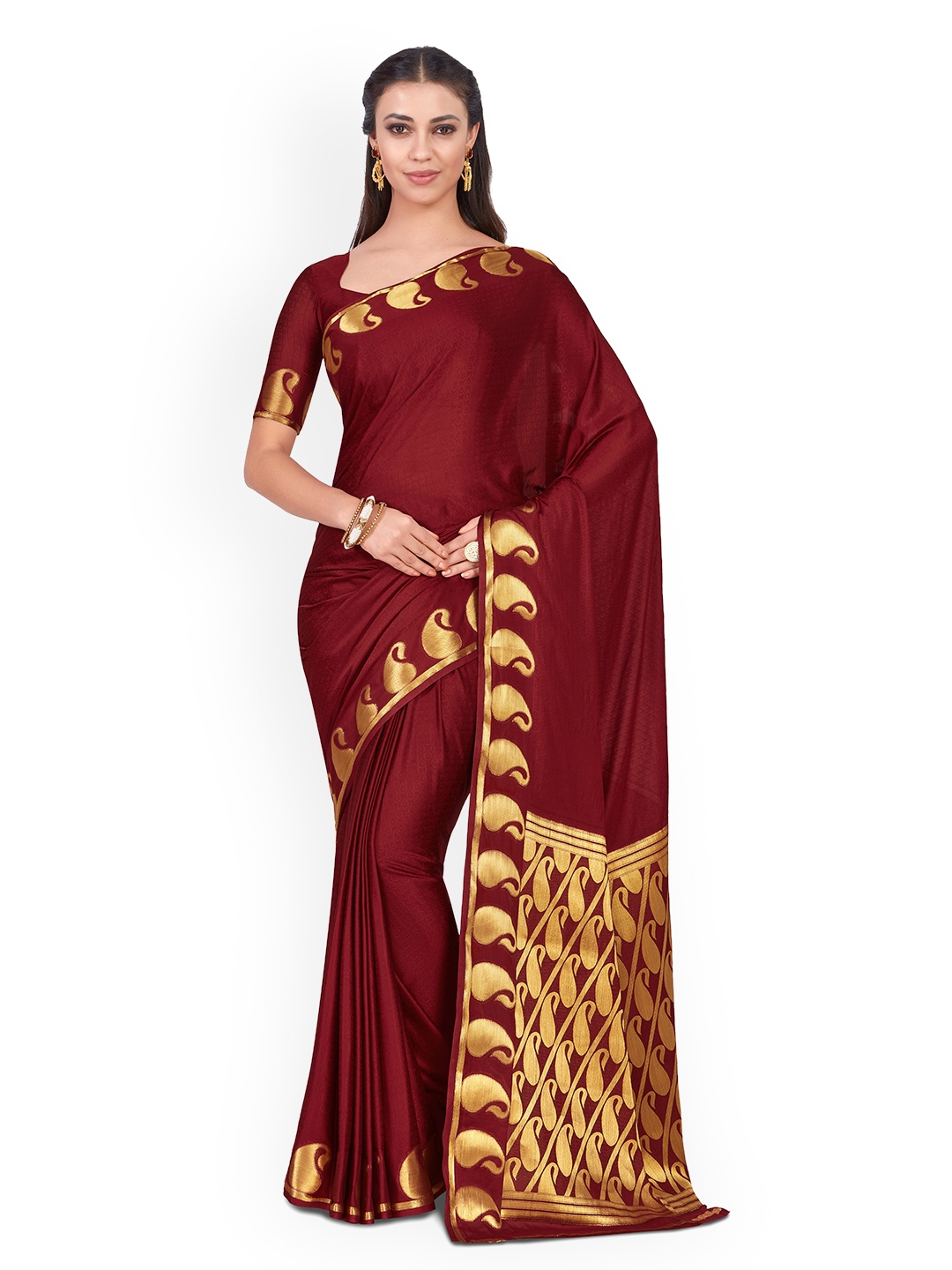 

MIMOSA Burgundy & Golden-Colured Poly Chiffon Printed Kanjeevaram Saree